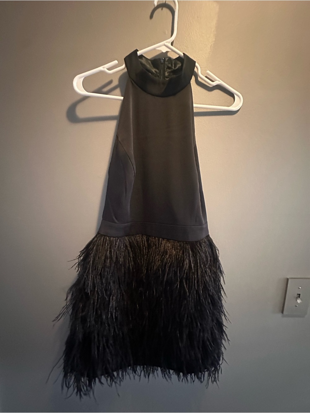 NWT Black Halter Mini Dress with Feather Hem